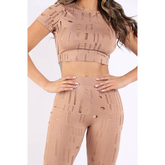 Women s Two-Piece Distressed Crew Neck Crop Tops And High Waist Leggings Set - Picture 4 of 10